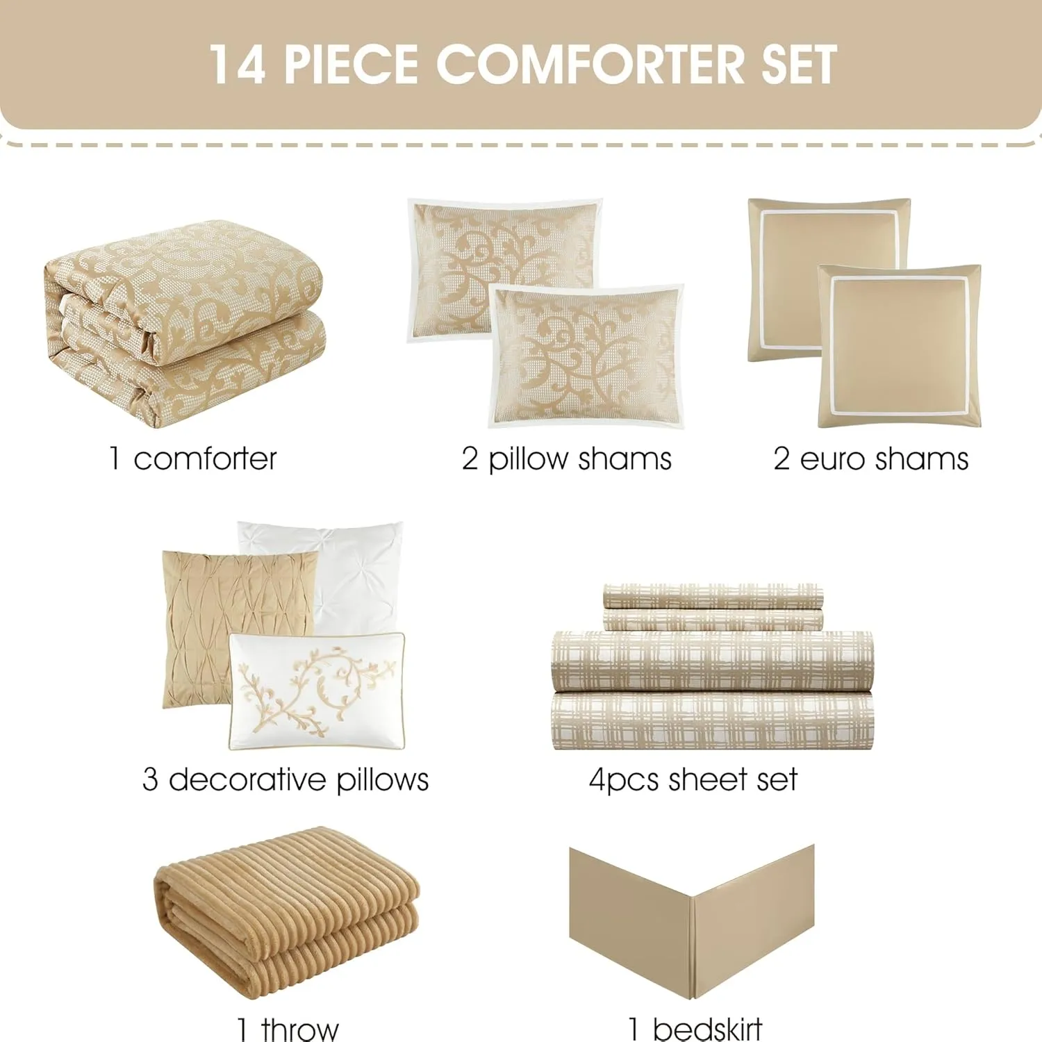 Stratford Park Taupe Paisley King Size Comforter Sets, 14 Piece, Jacquard Bedding Sets & Collections,1 Flat Sheet,1 Fitted Sheet, Pillow Shams Bedskirt