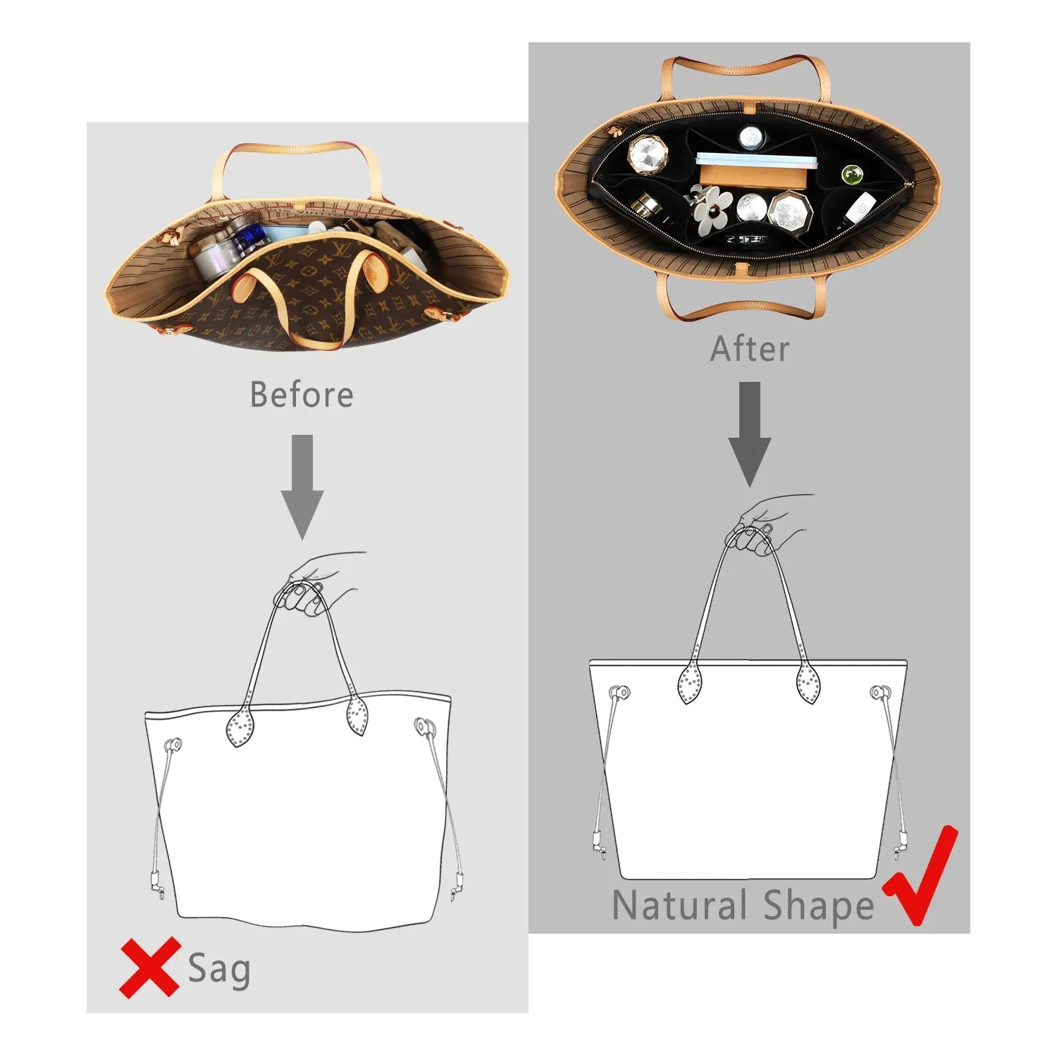 Structured Felt Purse Organizer with Key Ring Bracelets for LV Speedy and Neverfull Tote