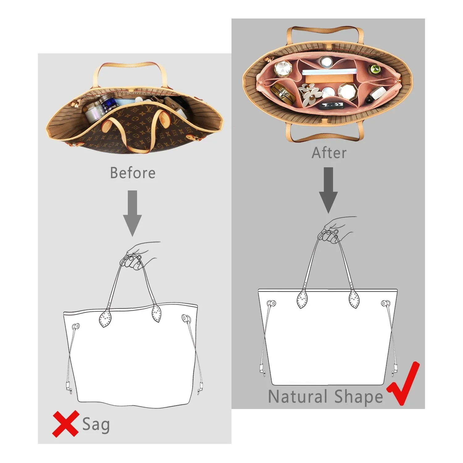 Structured Felt Purse Organizer with Key Ring Bracelets for LV Speedy and Neverfull Tote