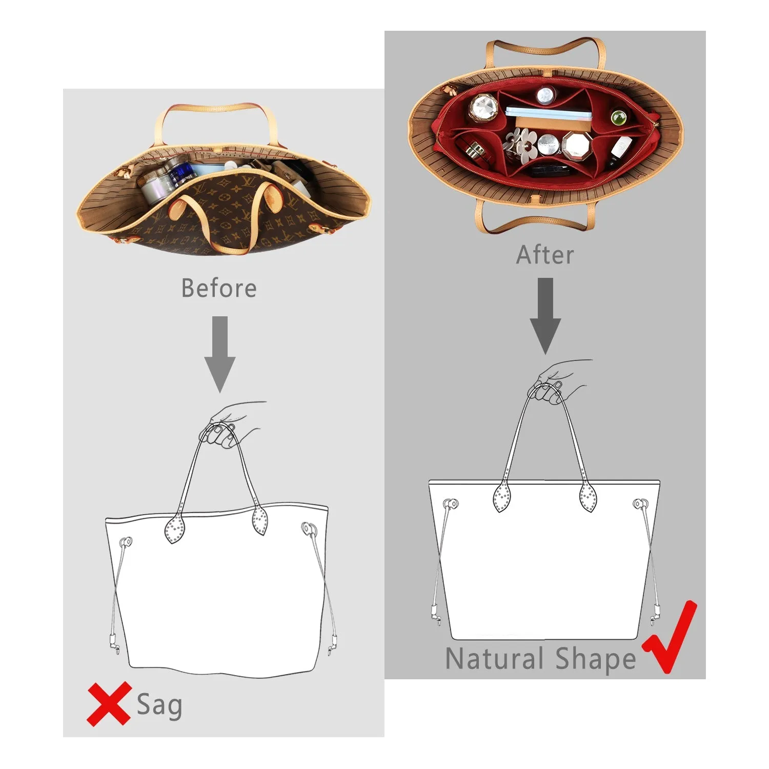 Structured Felt Purse Organizer with Key Ring Bracelets for LV Speedy and Neverfull Tote