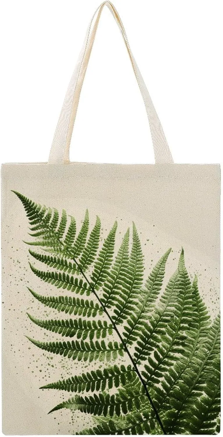 Stylish Shoulder Bag, Plant Silhouette Fern Leaf Print Reusable Grocery Bag Large Canvas Tote Versatile Handbag All-purpose Tote