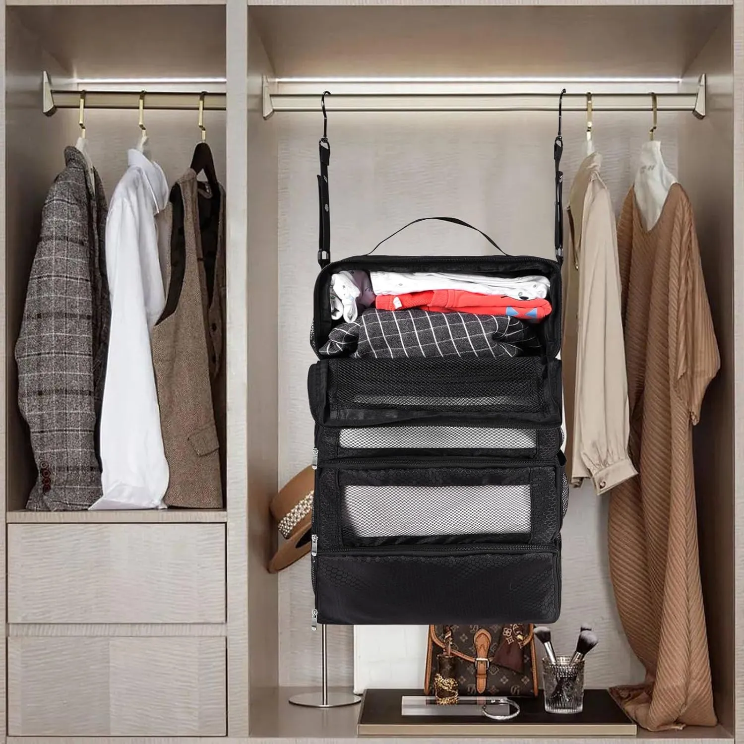 Suitcase Organizer, Travel Luggage Organizer Portable Hanging Travel Shelves Collapsible Hanging Packing Cubes for Carry on Suitcase
