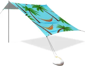 Summer Blue Coconut Tree Hammock Designed UPF50  Protection Stable Beach Tent Easy Setup Shade Sun Shelter with Sand Shovel for Camping, Fishing, Backyard Fun carpas para Playa