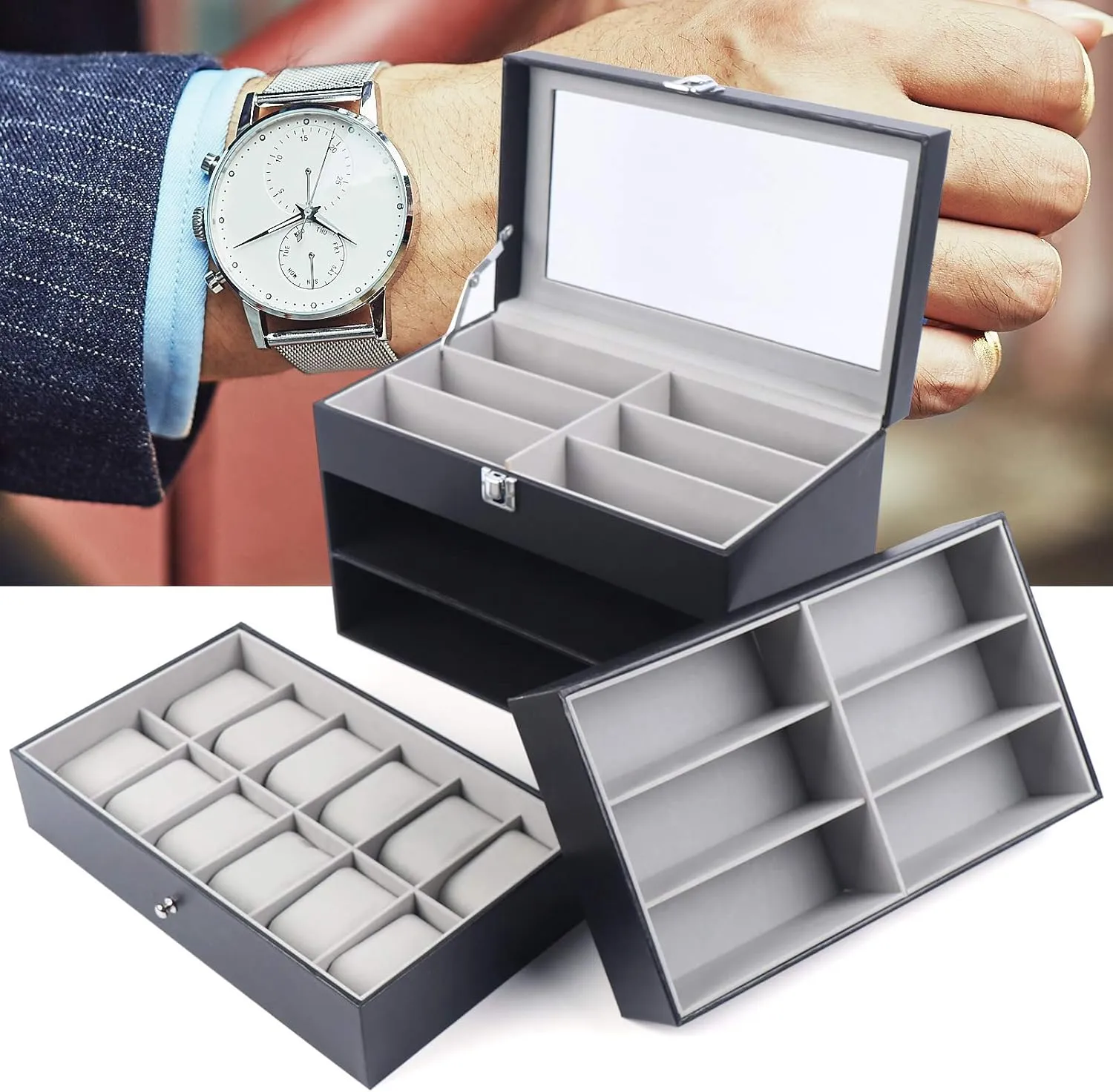 Sunglasses Case Watch Box - 12 Slots Watch and 12 Slots Eyeglasses Storage - PU Leather Jewelry Organizer Eyeglasses Holder - Multiple Sunglasses Watch Collection Holder Glasses Storage
