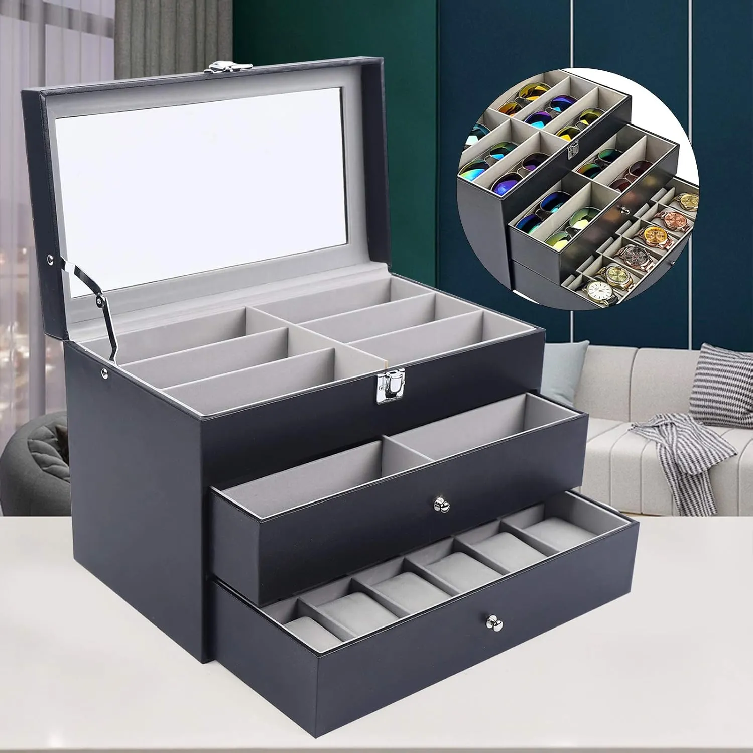 Sunglasses Case Watch Box - 12 Slots Watch and 12 Slots Eyeglasses Storage - PU Leather Jewelry Organizer Eyeglasses Holder - Multiple Sunglasses Watch Collection Holder Glasses Storage