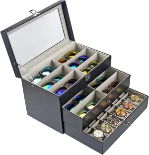 Sunglasses Case Watch Box - 12 Slots Watch and 12 Slots Eyeglasses Storage - PU Leather Jewelry Organizer Eyeglasses Holder - Multiple Sunglasses Watch Collection Holder Glasses Storage