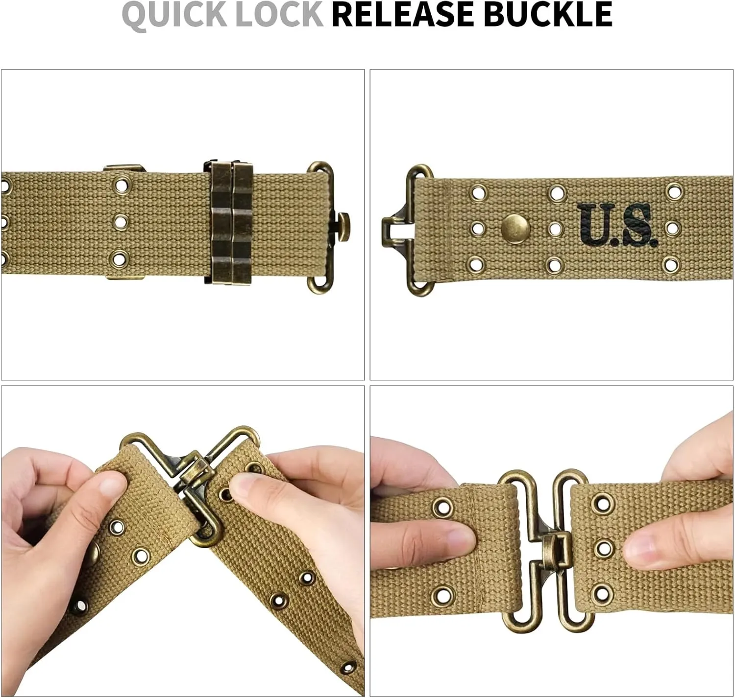 SUNRISING WW2 US Army M36 Pistol Belt Tactical 2" Battle Belt WWII American M1936 Khaki Webbing Military Work Belts for Men