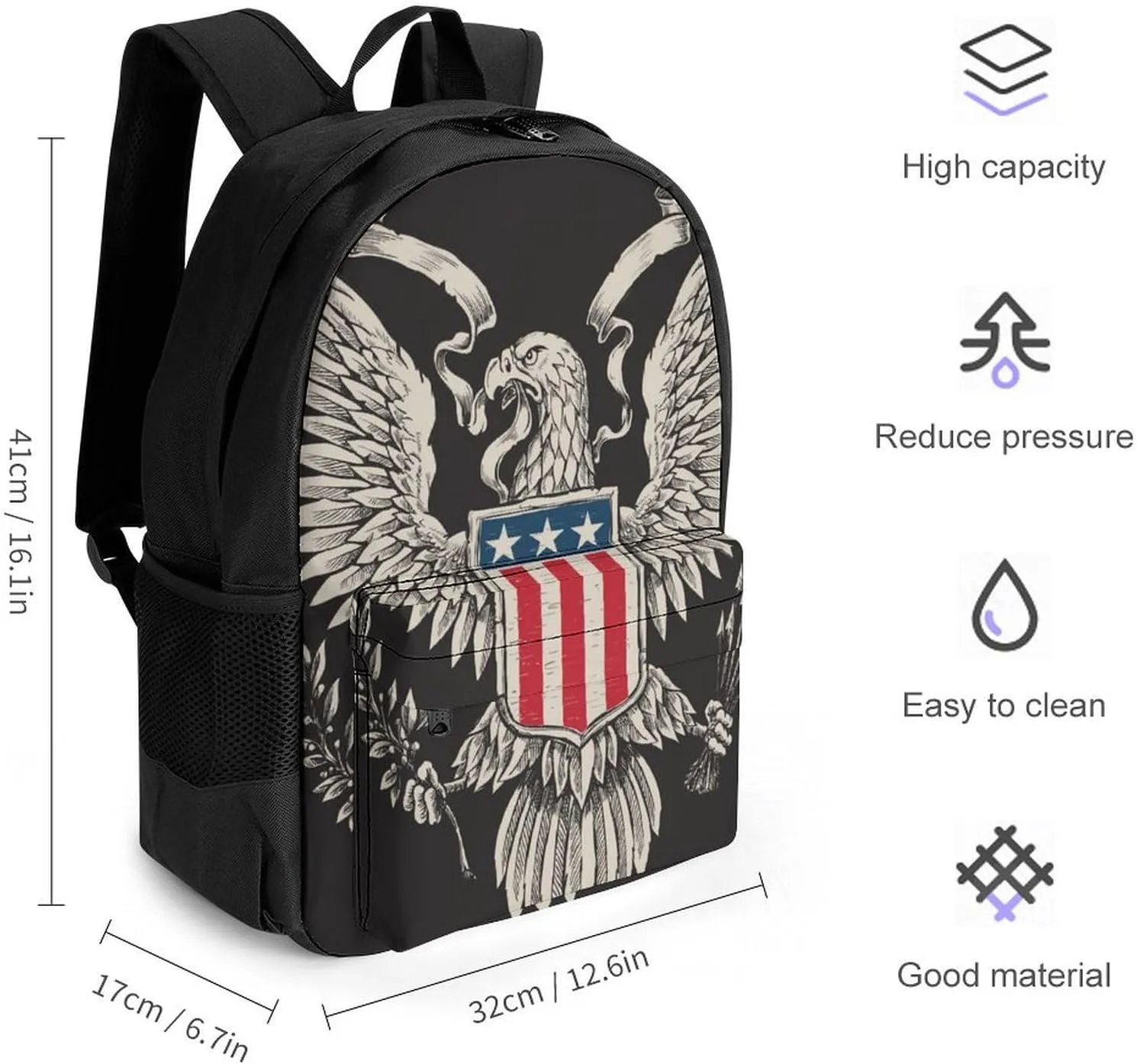 Supdreamc Polyester Daypack Backpack for Trekking Picnic Walking Cycling - Large Capacity Anti-Theft Multipurpose Shoulder Bag, American Flag Usa Cool Bald Eagle Pattern Casual Daypack