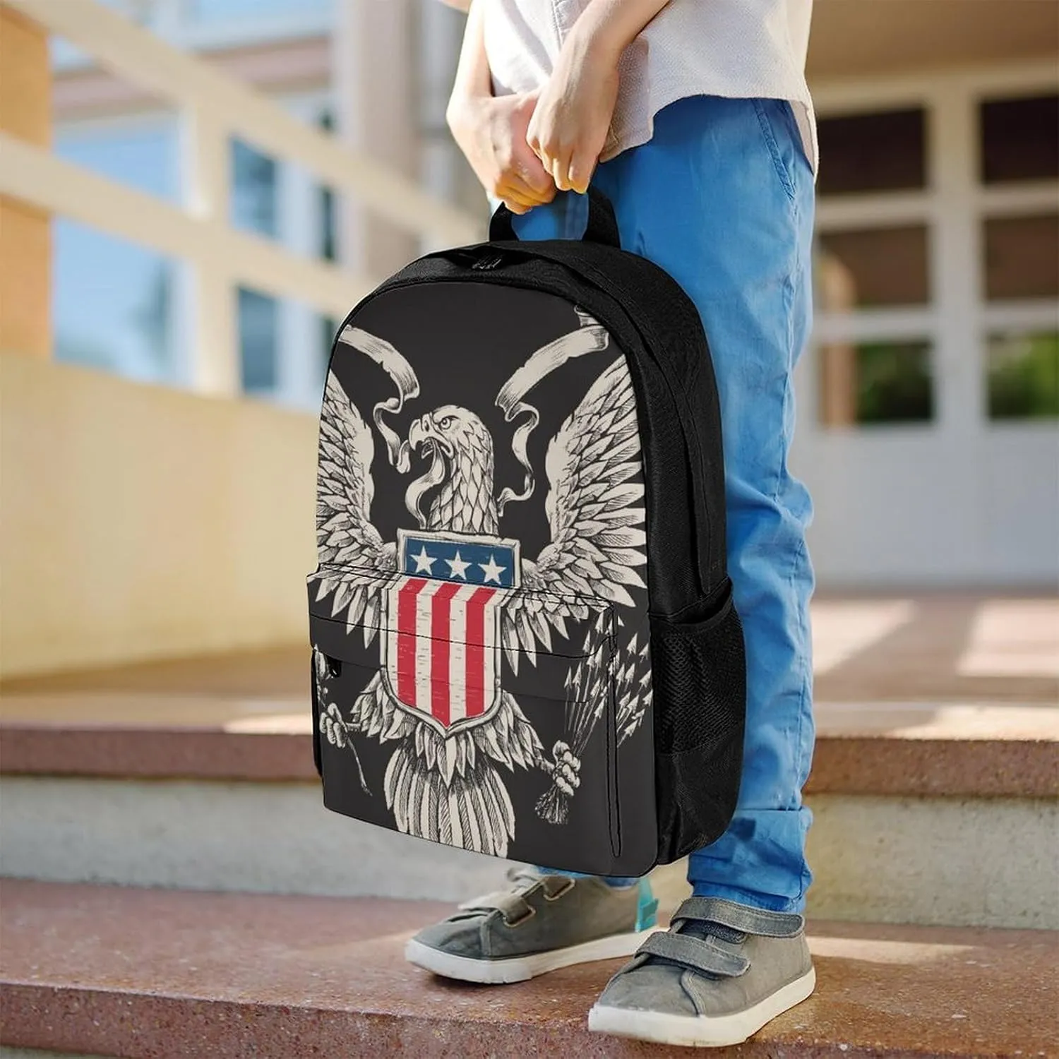 Supdreamc Polyester Daypack Backpack for Trekking Picnic Walking Cycling - Large Capacity Anti-Theft Multipurpose Shoulder Bag, American Flag Usa Cool Bald Eagle Pattern Casual Daypack