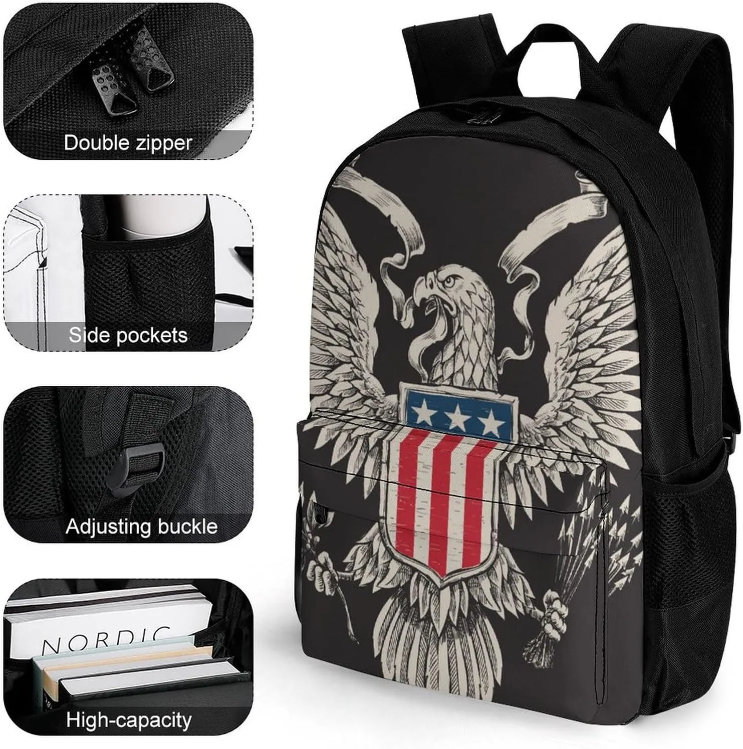 Supdreamc Polyester Daypack Backpack for Trekking Picnic Walking Cycling - Large Capacity Anti-Theft Multipurpose Shoulder Bag, American Flag Usa Cool Bald Eagle Pattern Casual Daypack