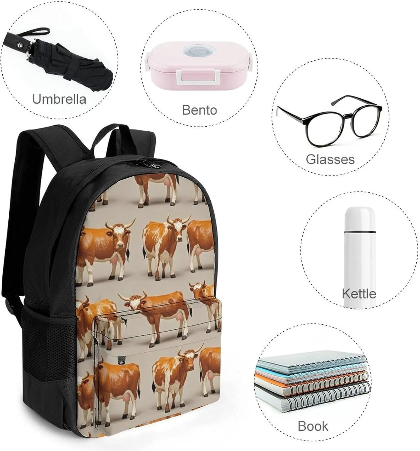Supdreamc Polyester Daypack Backpack for Trekking Picnic Walking Cycling - Large Capacity Anti-Theft Multipurpose Shoulder Bag, Cute Cattle Art Casual Daypack