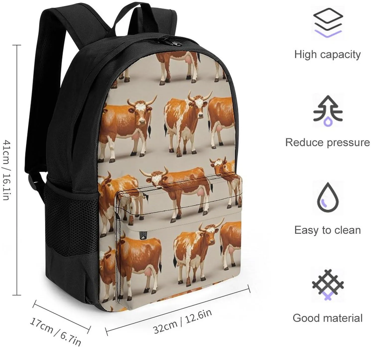 Supdreamc Polyester Daypack Backpack for Trekking Picnic Walking Cycling - Large Capacity Anti-Theft Multipurpose Shoulder Bag, Cute Cattle Art Casual Daypack