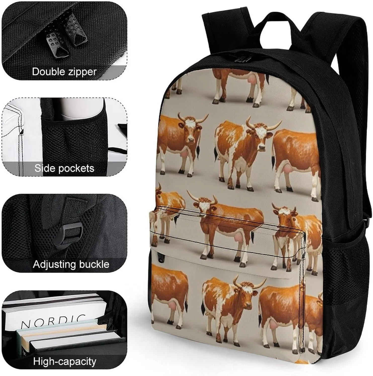 Supdreamc Polyester Daypack Backpack for Trekking Picnic Walking Cycling - Large Capacity Anti-Theft Multipurpose Shoulder Bag, Cute Cattle Art Casual Daypack