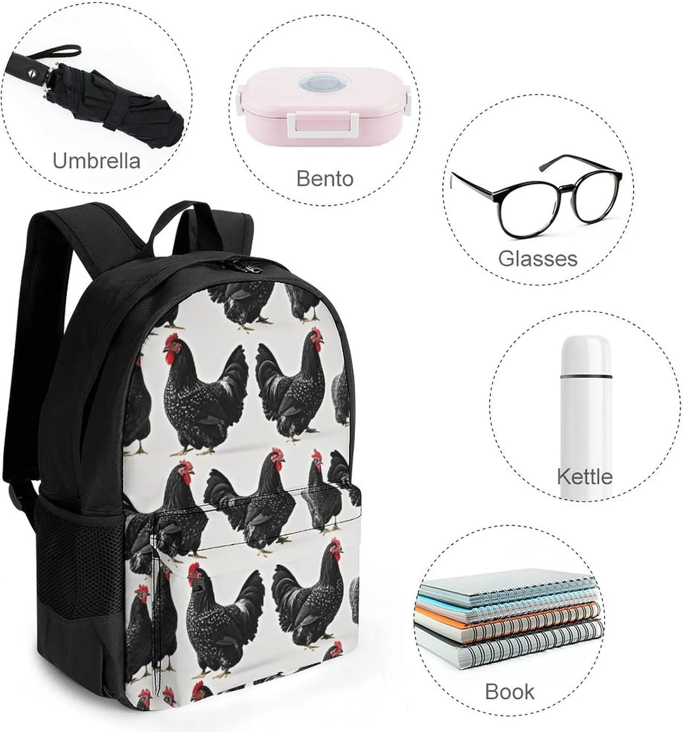Supdreamc Polyester Daypack for Camping Travel Walking Cycling - Big Capacity Anti-Theft Multipurpose Bookbag, Rustic Farmhouse Chicken Rooster Art Camping Outdoor Backpack