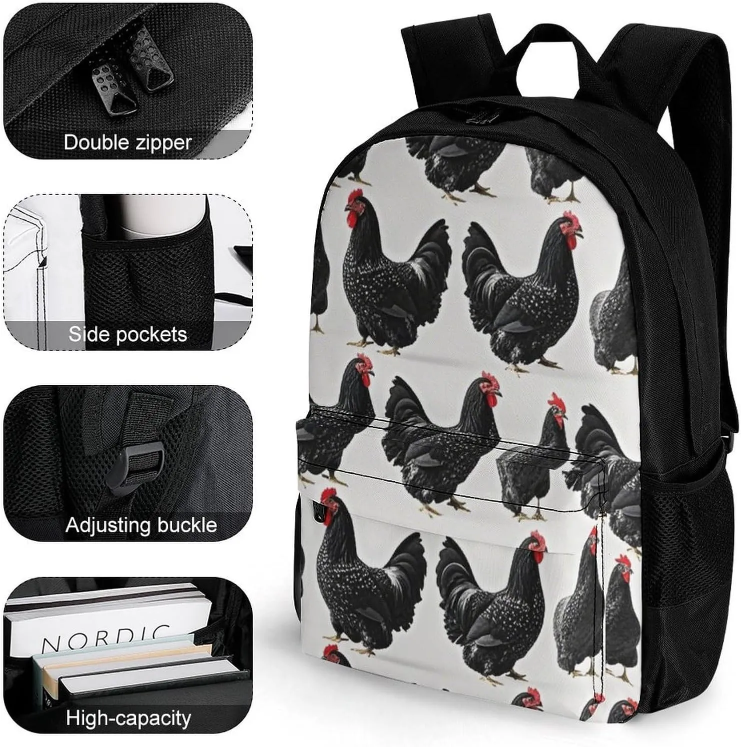 Supdreamc Polyester Daypack for Camping Travel Walking Cycling - Big Capacity Anti-Theft Multipurpose Bookbag, Rustic Farmhouse Chicken Rooster Art Camping Outdoor Backpack