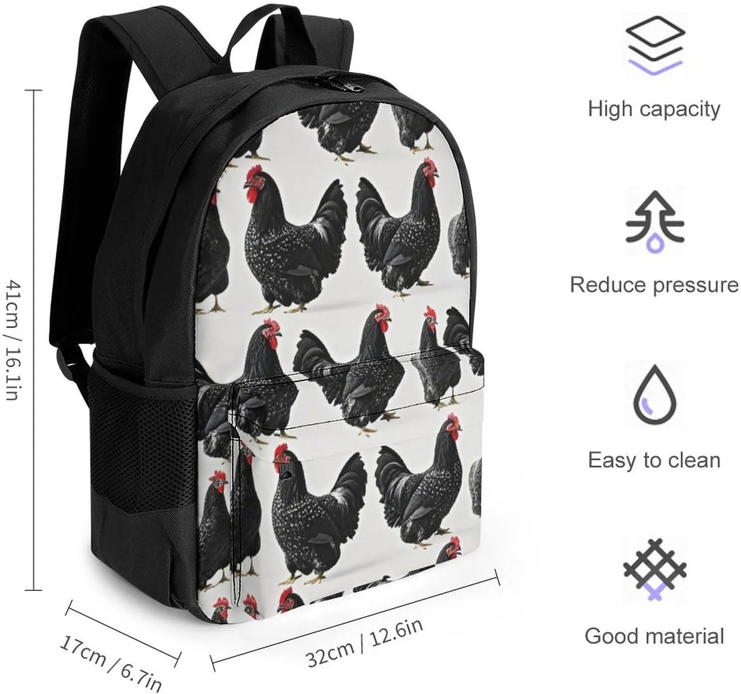 Supdreamc Polyester Daypack for Camping Travel Walking Cycling - Big Capacity Anti-Theft Multipurpose Bookbag, Rustic Farmhouse Chicken Rooster Art Camping Outdoor Backpack