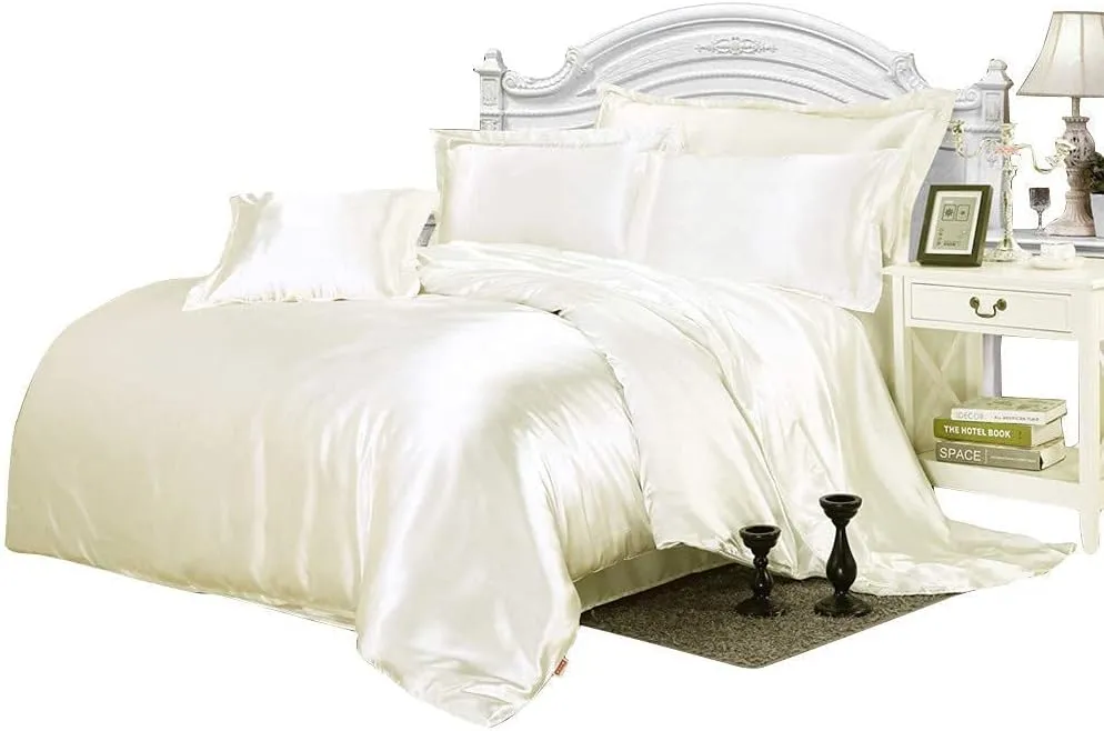 Super Soft Silk Like Satin 3 Piece Bedding Ivory Duvet Cover Set (Duvet Cover   2 Pillow Cases) Zipper Closure Soft Breathable King