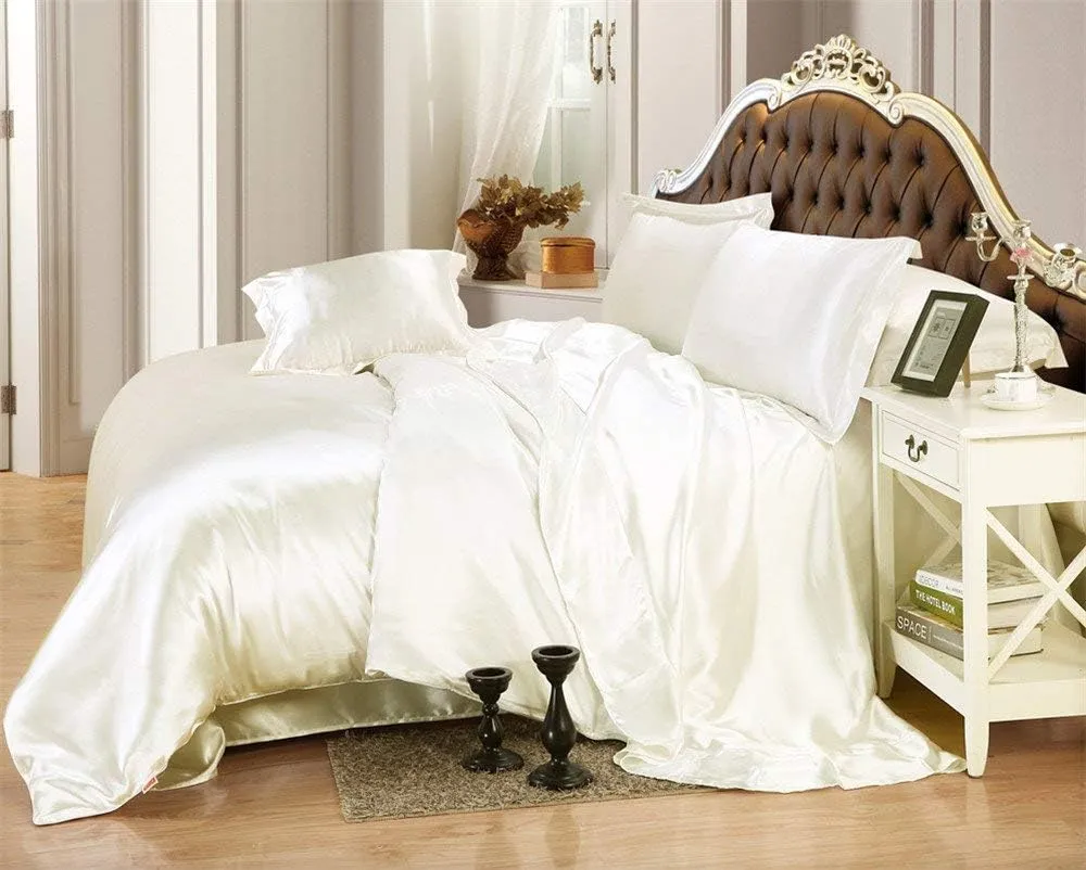 Super Soft Silk Like Satin 3 Piece Bedding Ivory Duvet Cover Set (Duvet Cover   2 Pillow Cases) Zipper Closure Soft Breathable King