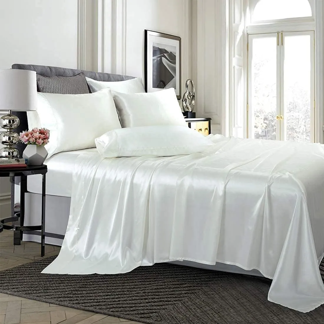 Super Soft Silk Like Satin 3 Piece Bedding Ivory Duvet Cover Set (Duvet Cover   2 Pillow Cases) Zipper Closure Soft Breathable King