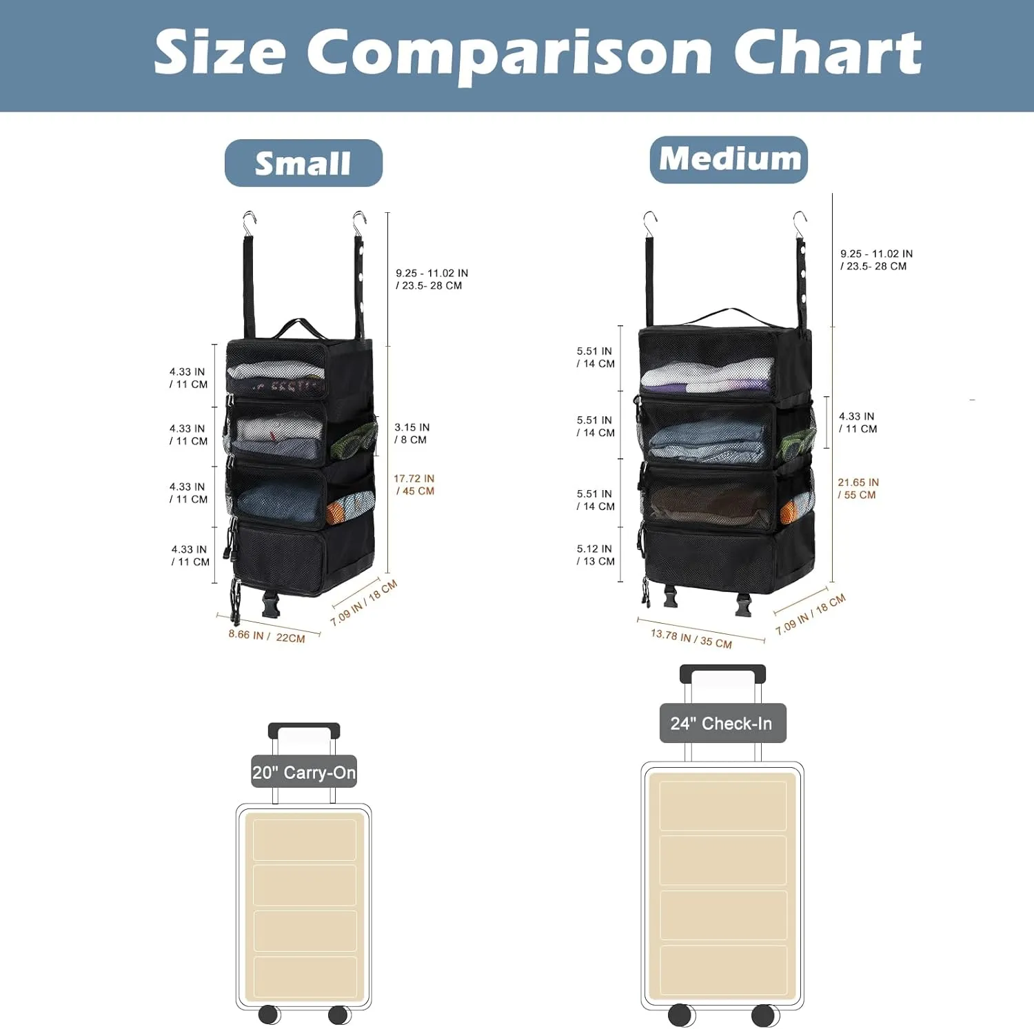 Surblue Hanging Travel Organizer Portable Hanging Luggage Organizer Multiple Compartments Collapsible Compression Closet Packing Cubes,Black,S