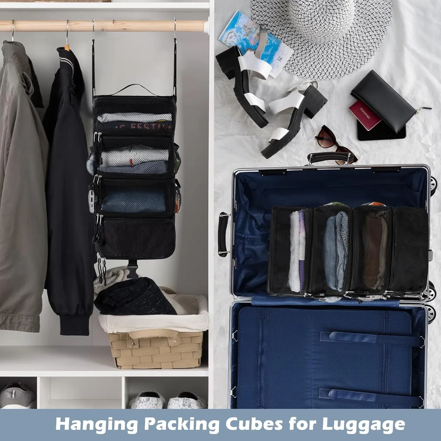 Surblue Hanging Travel Organizer Portable Hanging Luggage Organizer Multiple Compartments Collapsible Compression Closet Packing Cubes,Black,S
