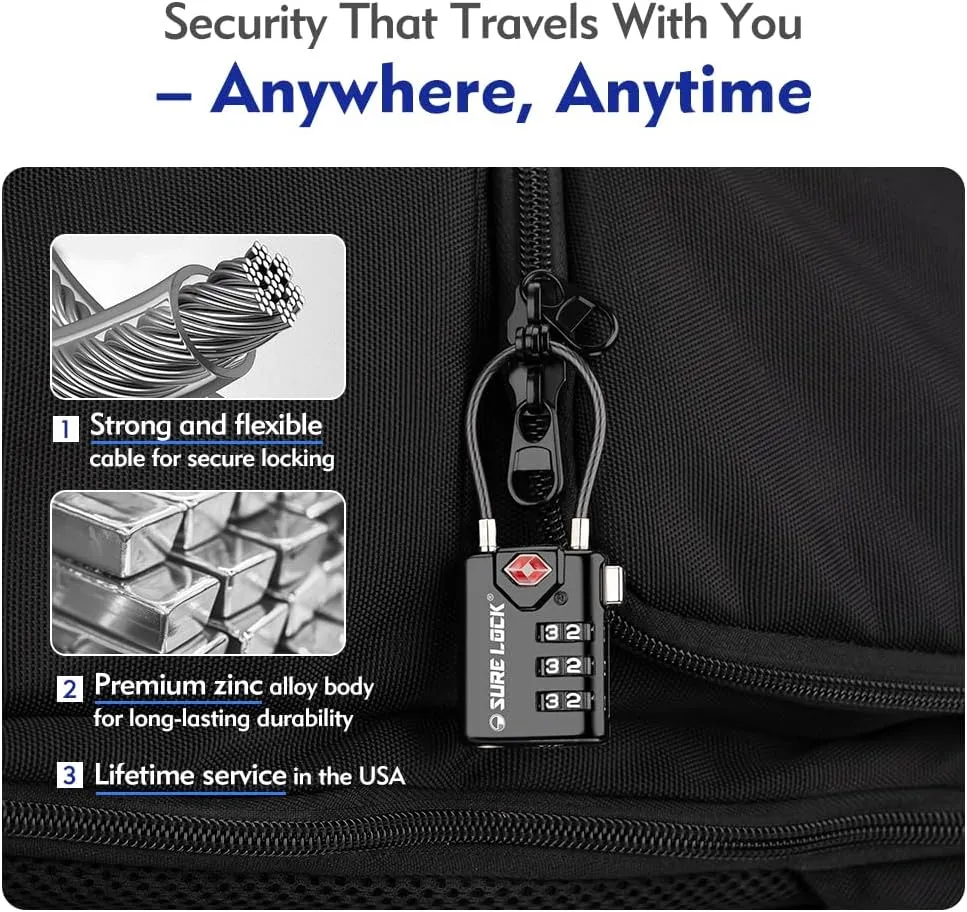 SURE LOCK TSA Compatible Travel Luggage Locks, Inspection Indicator, Easy Read Dials TSA Approved with Zinc Alloy