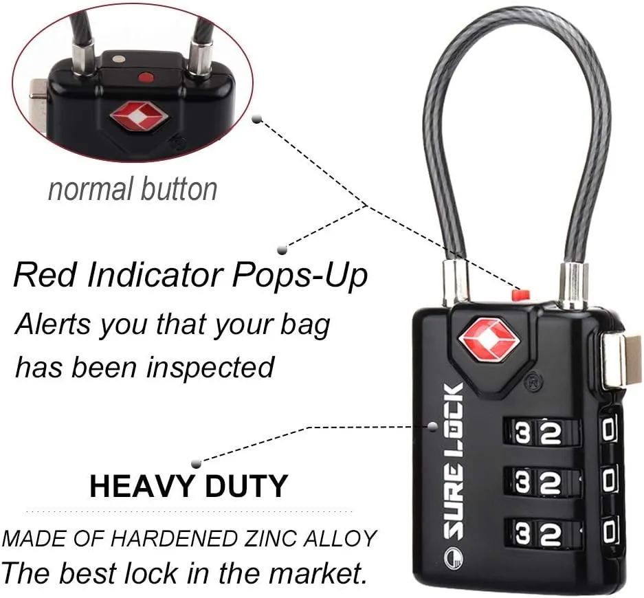SURE LOCK TSA Compatible Travel Luggage Locks, Inspection Indicator, Easy Read Dials TSA Approved with Zinc Alloy