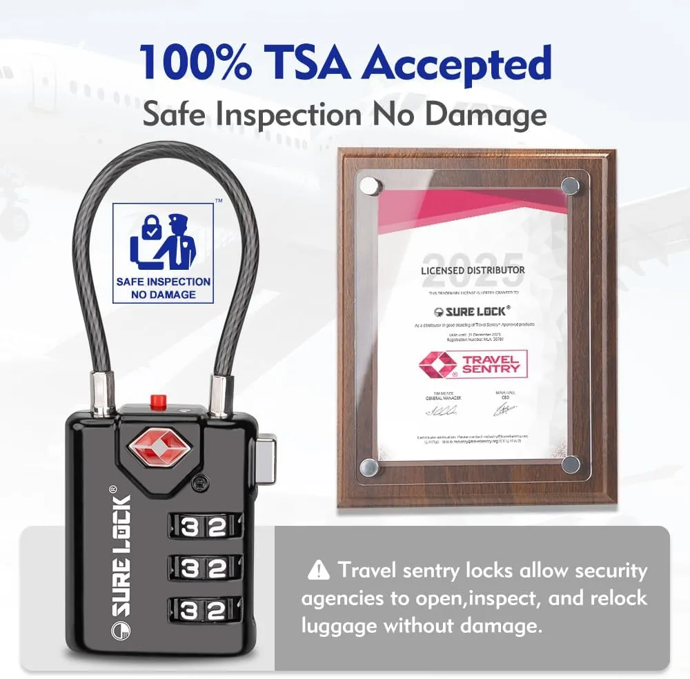 SURE LOCK TSA Compatible Travel Luggage Locks, Inspection Indicator, Easy Read Dials TSA Approved with Zinc Alloy
