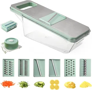 Suuker Mandoline Slicer for Kitchen, Cheese Grater Vegetable Spiralizer and Veggie Slicer for Cooking, Food Slicer, Kitchen Gadgets Organizer Included (6 in 1, Green)