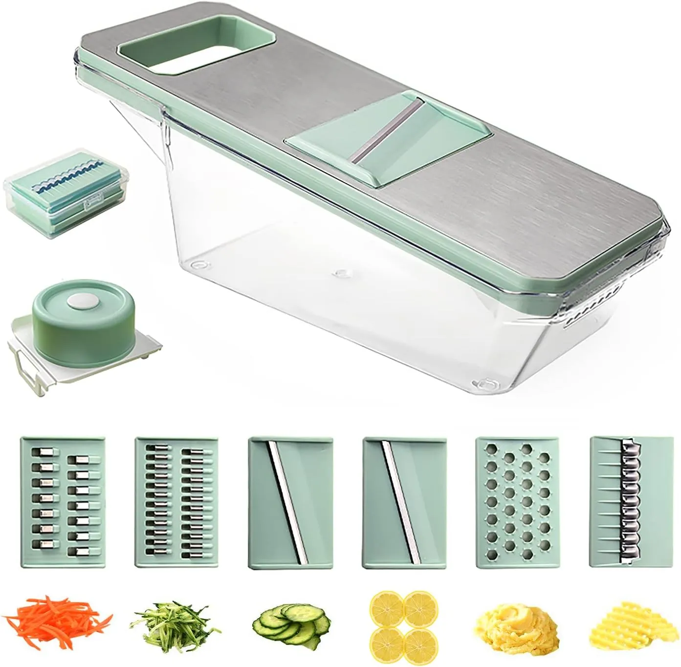 Suuker Mandoline Slicer for Kitchen, Cheese Grater Vegetable Spiralizer and Veggie Slicer for Cooking, Food Slicer, Kitchen Gadgets Organizer Included (6 in 1, Green)