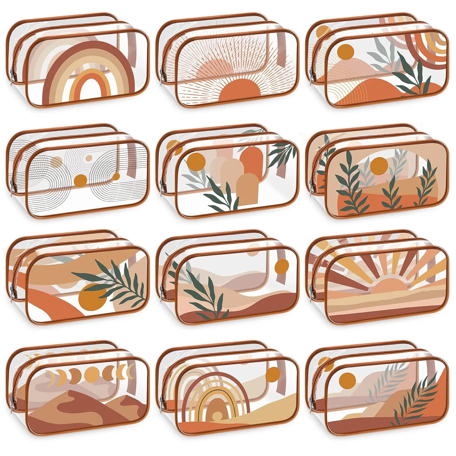Sweetude 12 Pcs Boho Clear Makeup Bags Rainbow Sunshine PVC Cosmetic Bags Transparent Travel Toiletry Organizer for Women