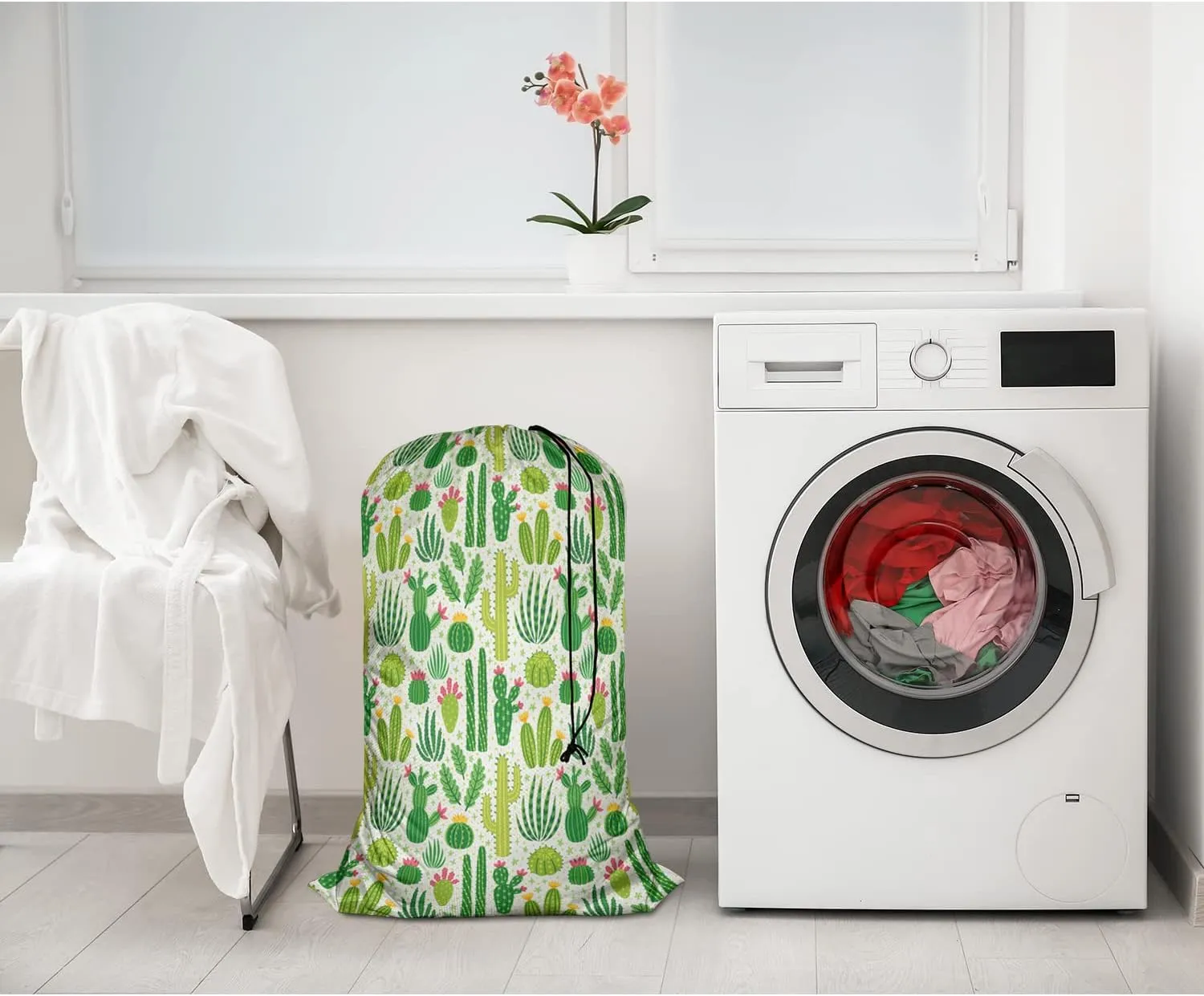 Swono Cactus Large Dirty Clothes Laundry Bag for Laundry Basket Hamper, Green Cacti Desert Plants Tropical Plant Machine Washable Dirty Clothes Organizer, Oxford Cloth, 28x40 Inch