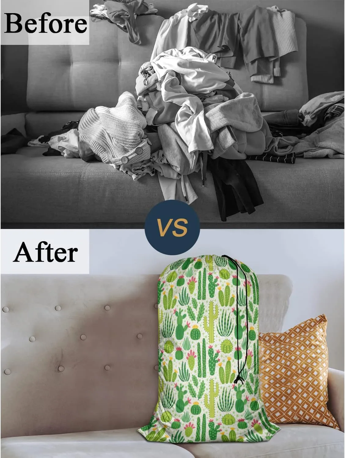 Swono Cactus Large Dirty Clothes Laundry Bag for Laundry Basket Hamper, Green Cacti Desert Plants Tropical Plant Machine Washable Dirty Clothes Organizer, Oxford Cloth, 28x40 Inch