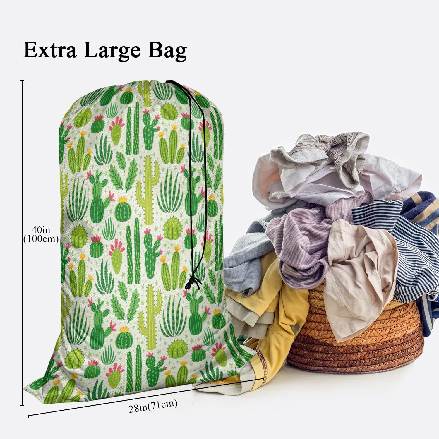 Swono Cactus Large Dirty Clothes Laundry Bag for Laundry Basket Hamper, Green Cacti Desert Plants Tropical Plant Machine Washable Dirty Clothes Organizer, Oxford Cloth, 28x40 Inch