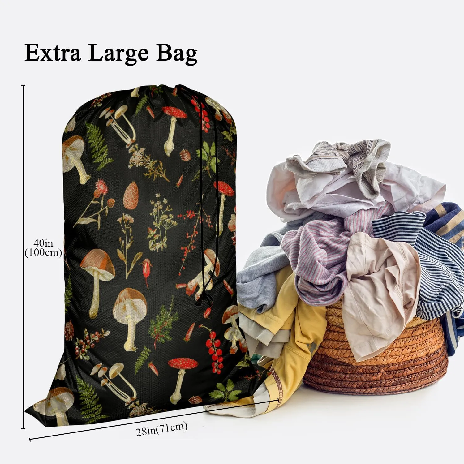 Swono Mushrooms Laundry Bag Drawstring Closure Fall Jungle Theme Floral Cherry Exotic Botanical Plant Heavy Duty Laundry Portable for College Dorm Room Essentials for Travel Camp
