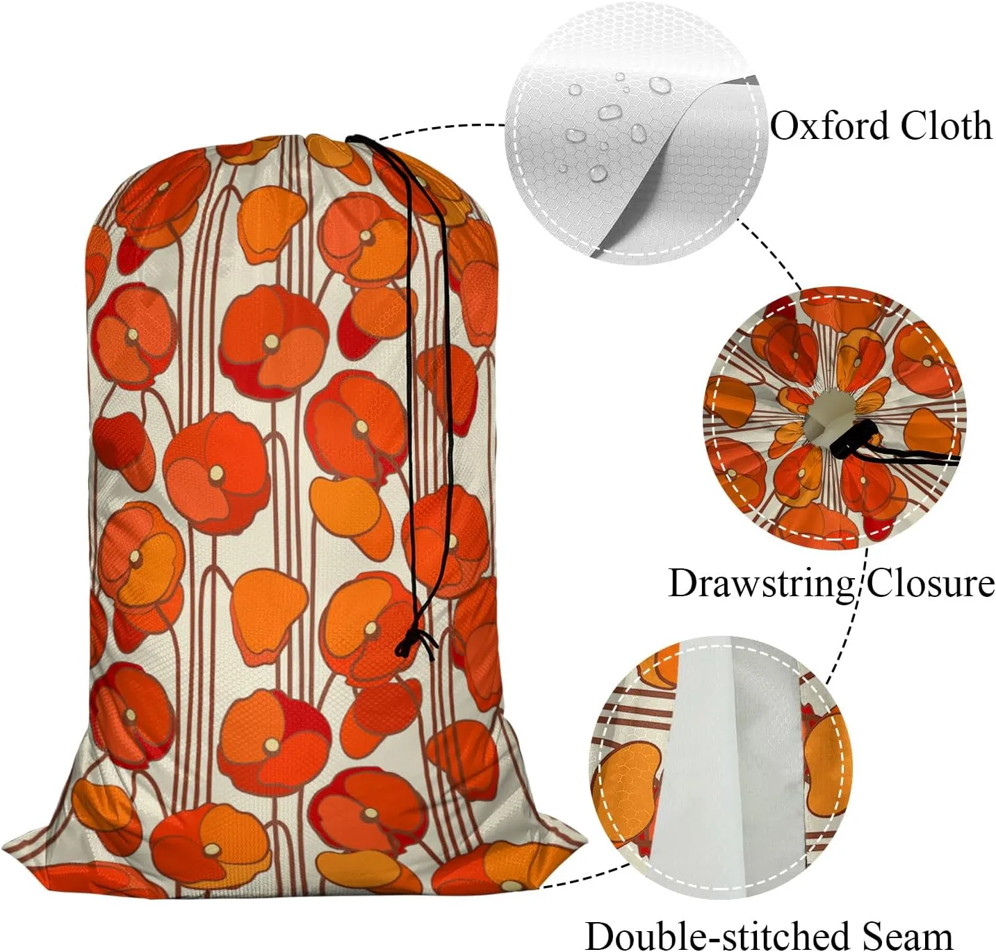 Swono Poppies Drawstring Laundry Bag Floral Pattern Bouquet Blooming Plant Oversize Storage/Travel Bag for Home or College - Measures 28 x 40 inches, Red