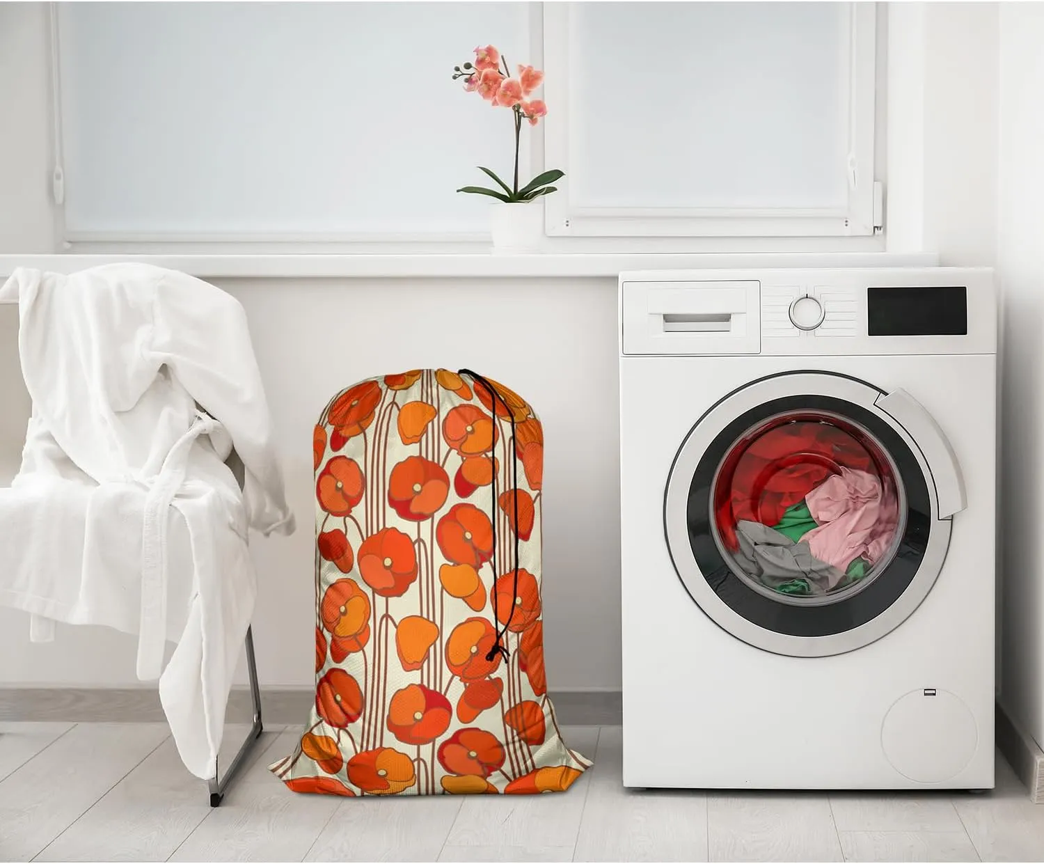 Swono Poppies Drawstring Laundry Bag Floral Pattern Bouquet Blooming Plant Oversize Storage/Travel Bag for Home or College - Measures 28 x 40 inches, Red