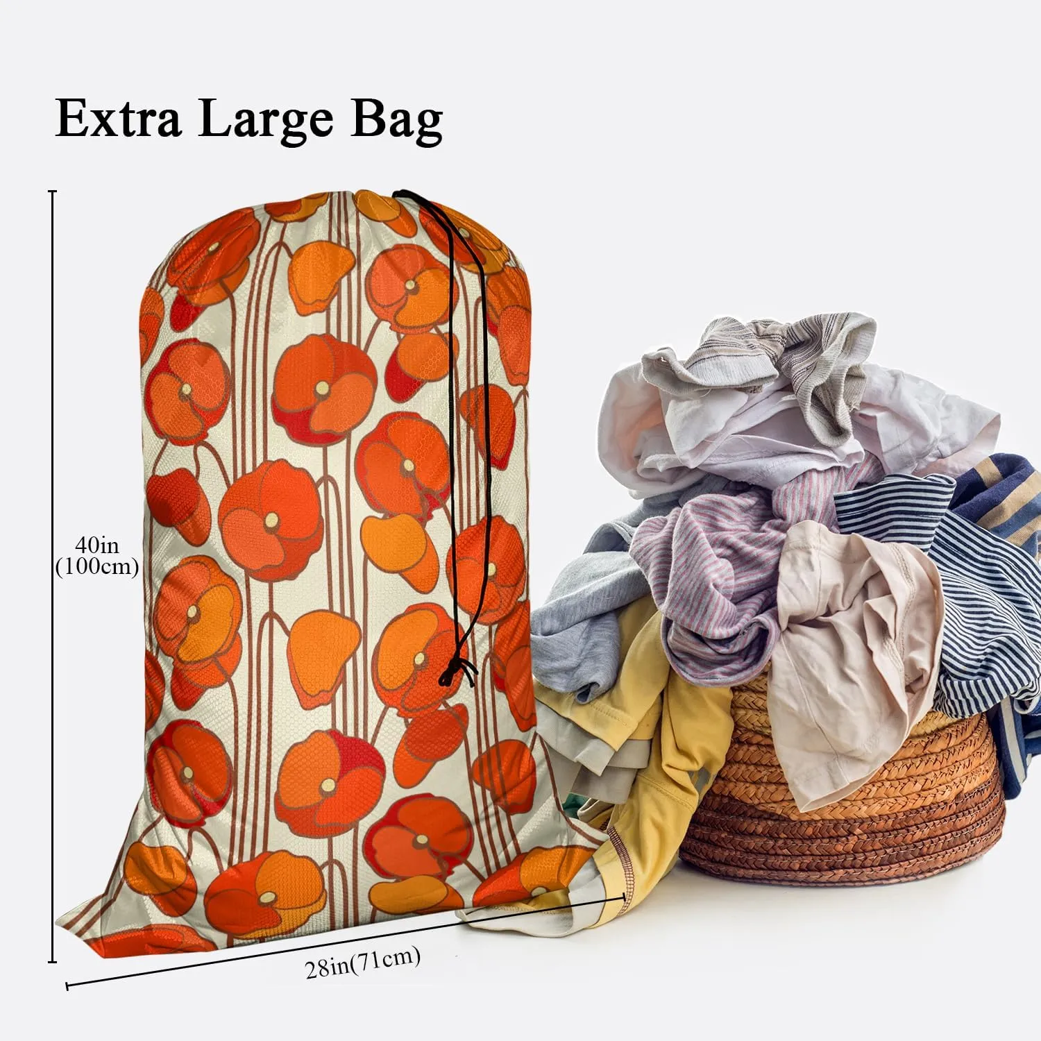Swono Poppies Drawstring Laundry Bag Floral Pattern Bouquet Blooming Plant Oversize Storage/Travel Bag for Home or College - Measures 28 x 40 inches, Red