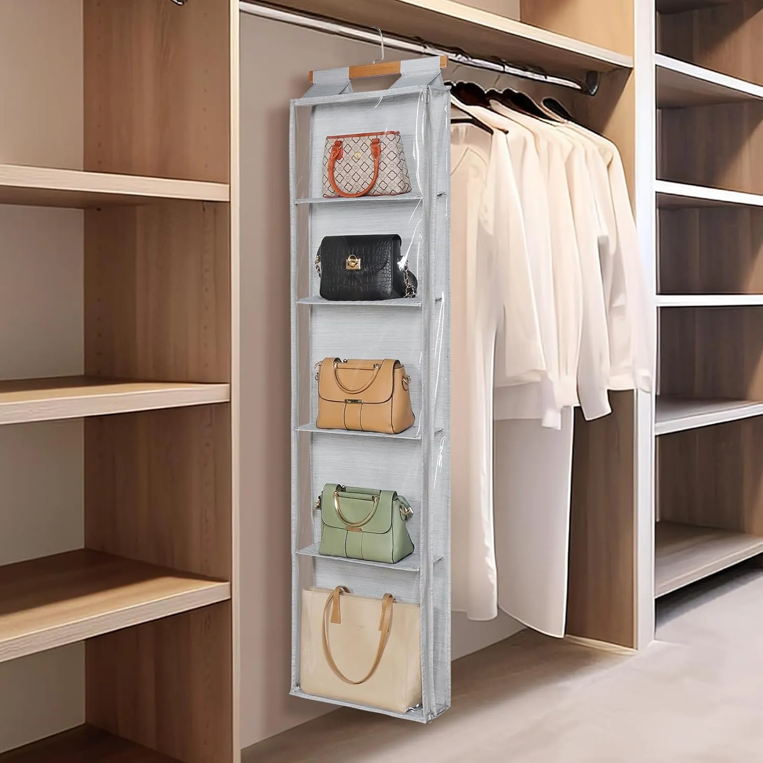 Syeeiex Hanging Handbag Purse Organizer with Zippers, 5 Mesh Shelves,Clear Slubbed Fabric PVC Hanging Closet Bag Organizer, Dustproof Handbag Closet Tote Storage Bag for Door, Wardrobe, Shelf Rack
