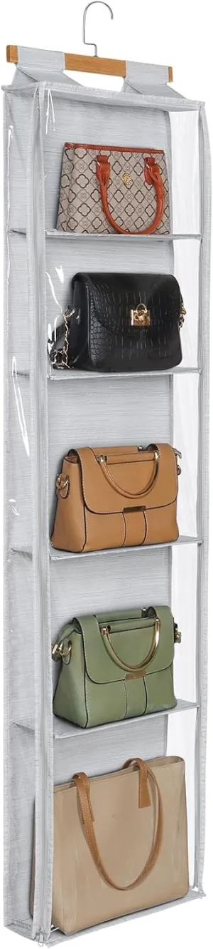 Syeeiex Hanging Handbag Purse Organizer with Zippers, 5 Mesh Shelves,Clear Slubbed Fabric PVC Hanging Closet Bag Organizer, Dustproof Handbag Closet Tote Storage Bag for Door, Wardrobe, Shelf Rack
