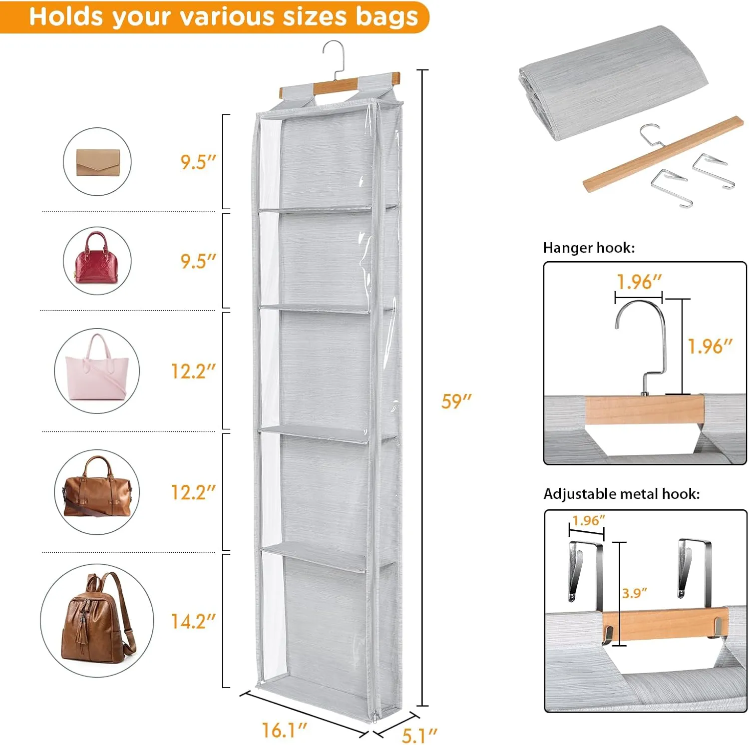 Syeeiex Hanging Handbag Purse Organizer with Zippers, 5 Mesh Shelves,Clear Slubbed Fabric PVC Hanging Closet Bag Organizer, Dustproof Handbag Closet Tote Storage Bag for Door, Wardrobe, Shelf Rack