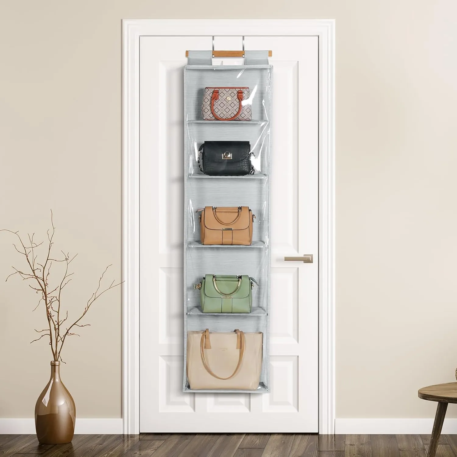 Syeeiex Hanging Handbag Purse Organizer with Zippers, 5 Mesh Shelves,Clear Slubbed Fabric PVC Hanging Closet Bag Organizer, Dustproof Handbag Closet Tote Storage Bag for Door, Wardrobe, Shelf Rack