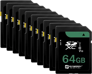 Synergy Digital 64GB Secure Digital SDXC UHS-I Memory Cards, Compatible with Mamiya 645DF  Medium Format DSLR Digital Camera - Class 10, U1, 100MB/s, 300 Series - Pack of 10