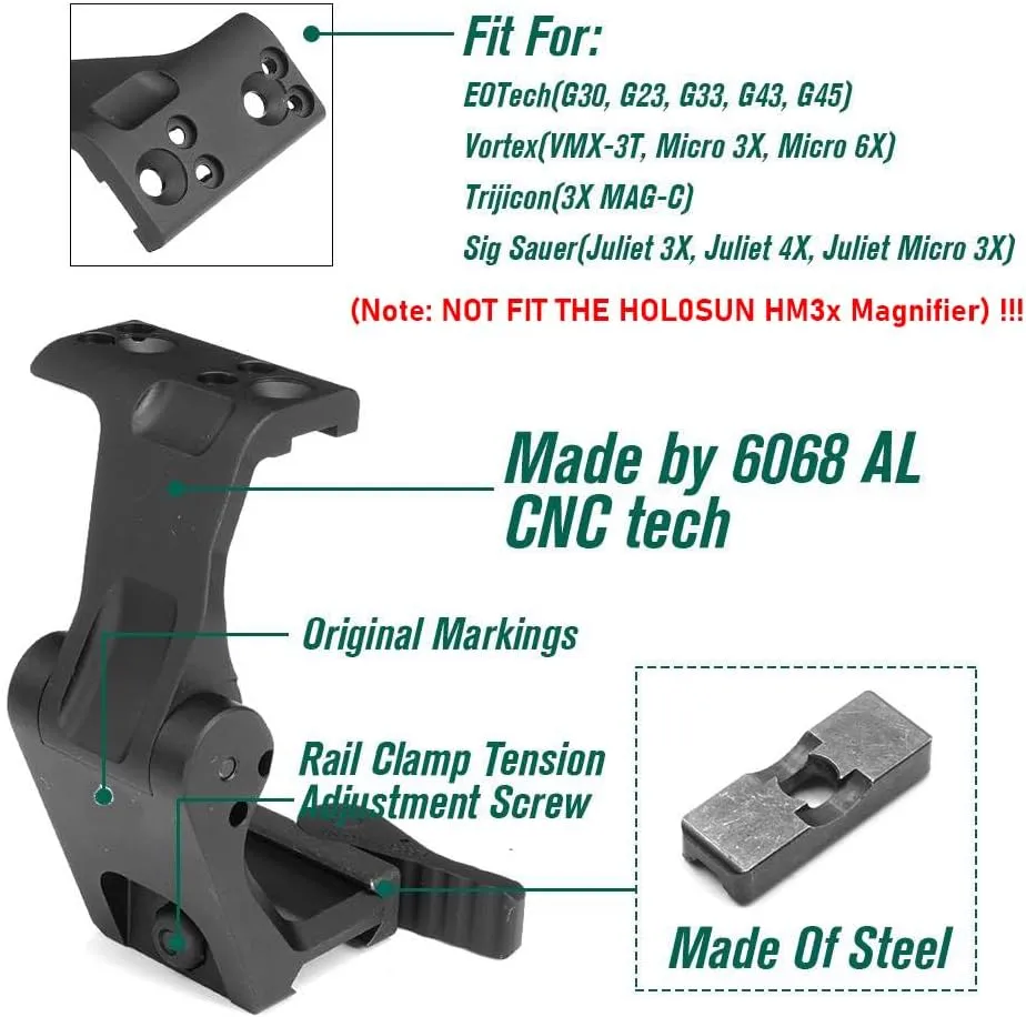 Tactical FTC Magnifier Mount with Fast QD Lever 2.26” Optical Centerline Height,CNC Aluminum，Compatible G30,G23，G33,G43,G45,6X Magnifier Etc