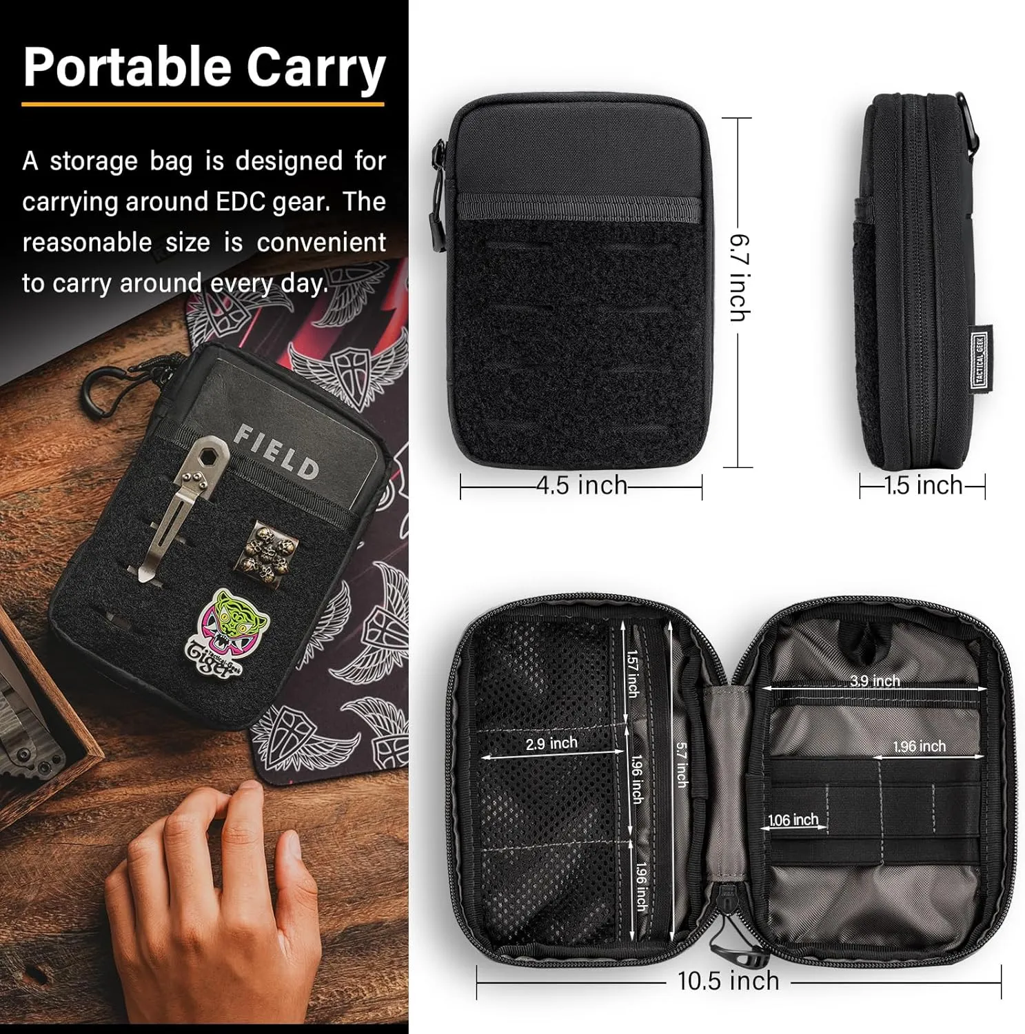 TACTICAL GEEK EDC Compact Waist Pocket Pouch, Men EDC Pouch Organizer, Multi-Purpose Molle Tool Pouch for Multitools, Utility Tool Organizer Bag for Daily Essentials Carry (Block E3.0-BK)