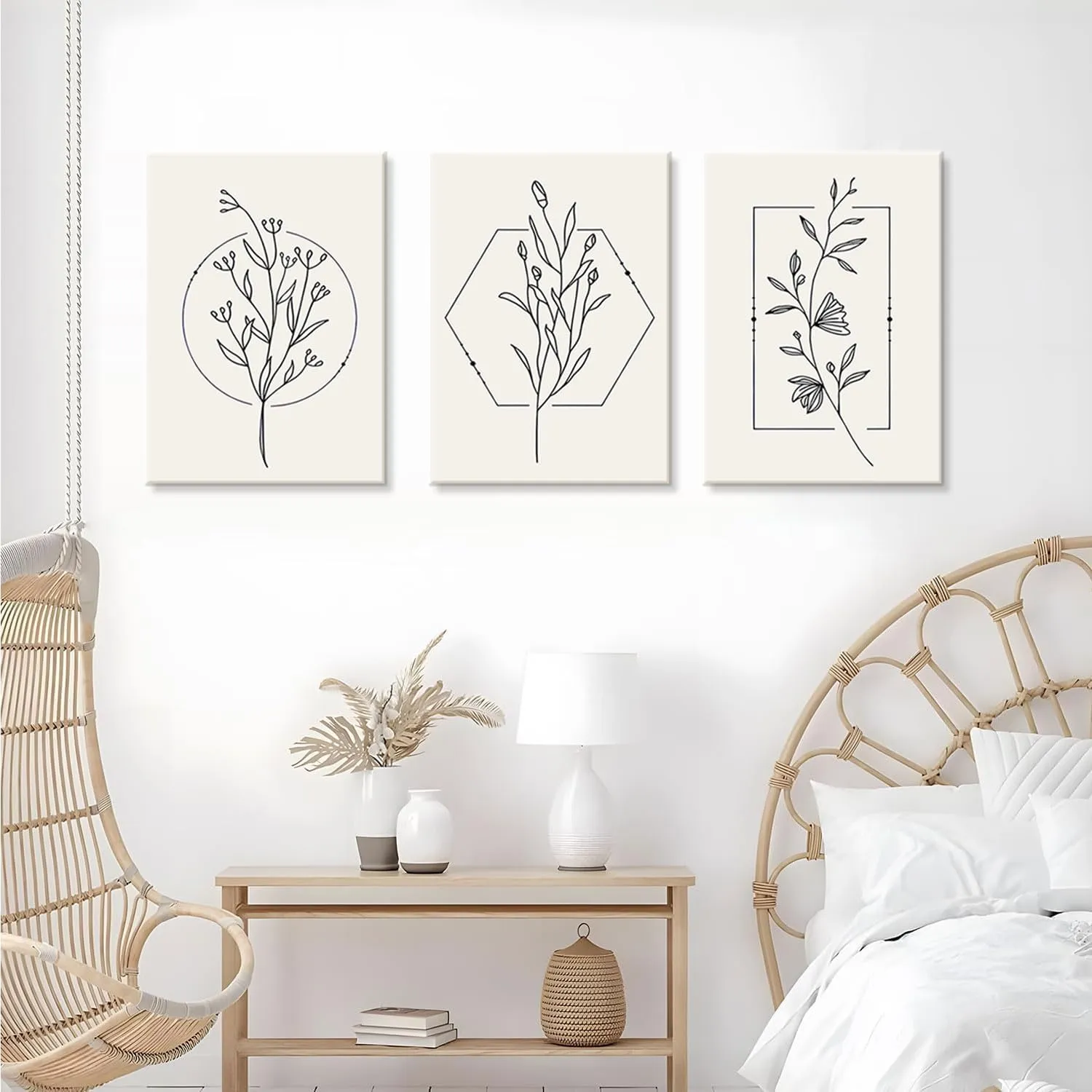 TBKHUDBI Neutral Botanical Canvas Wall Art Minimalist Beige Flower Poster Prints Set of 3 Boho Plant Painting Pictures Decor Abstract Line Leaf Artwork for Bathroom Bedroom Living Room 12"x16" Framed