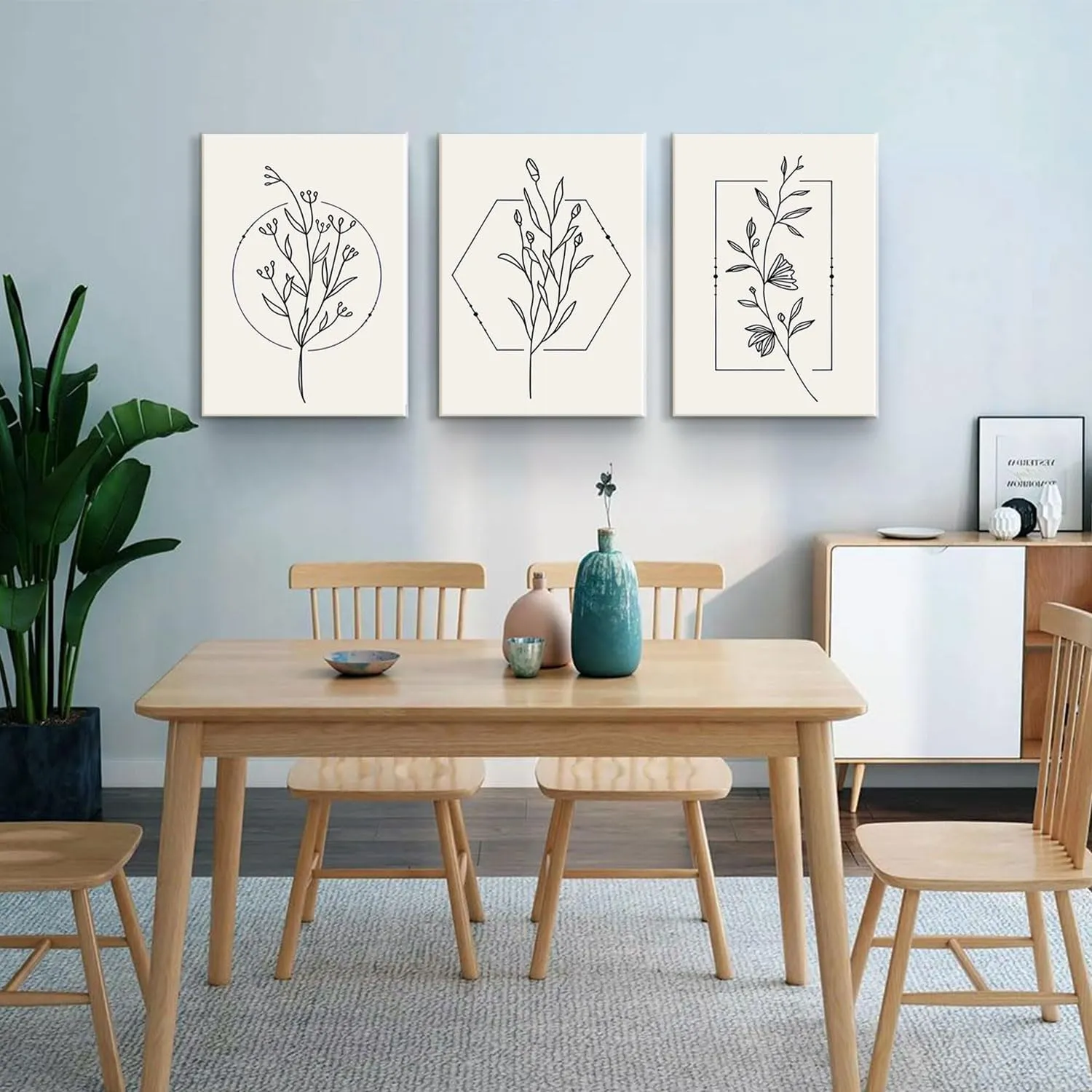 TBKHUDBI Neutral Botanical Canvas Wall Art Minimalist Beige Flower Poster Prints Set of 3 Boho Plant Painting Pictures Decor Abstract Line Leaf Artwork for Bathroom Bedroom Living Room 12"x16" Framed