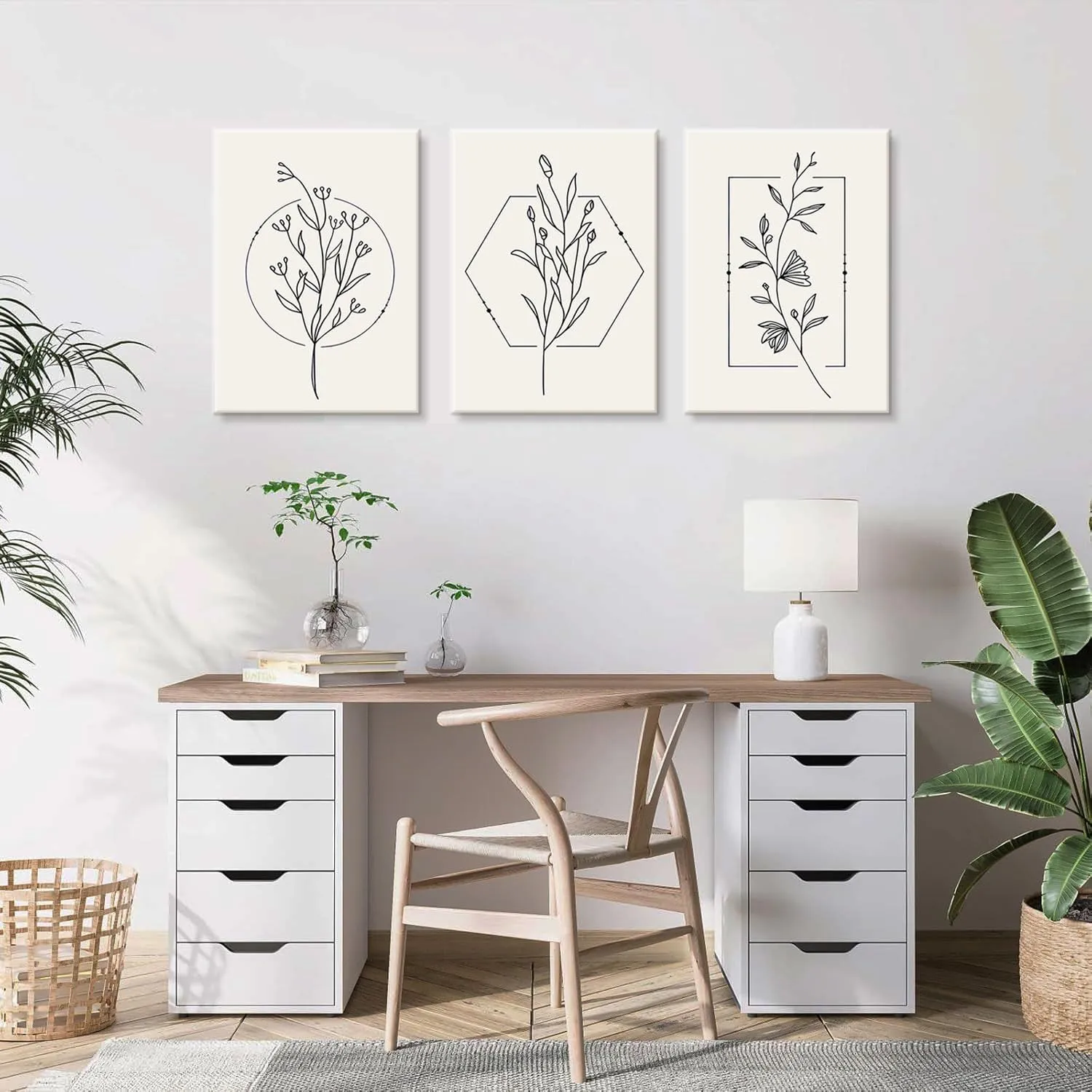 TBKHUDBI Neutral Botanical Canvas Wall Art Minimalist Beige Flower Poster Prints Set of 3 Boho Plant Painting Pictures Decor Abstract Line Leaf Artwork for Bathroom Bedroom Living Room 12"x16" Framed