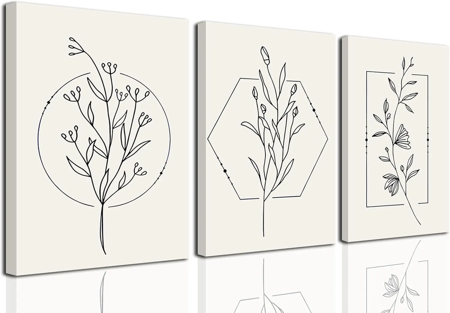 TBKHUDBI Neutral Botanical Canvas Wall Art Minimalist Beige Flower Poster Prints Set of 3 Boho Plant Painting Pictures Decor Abstract Line Leaf Artwork for Bathroom Bedroom Living Room 12"x16" Framed