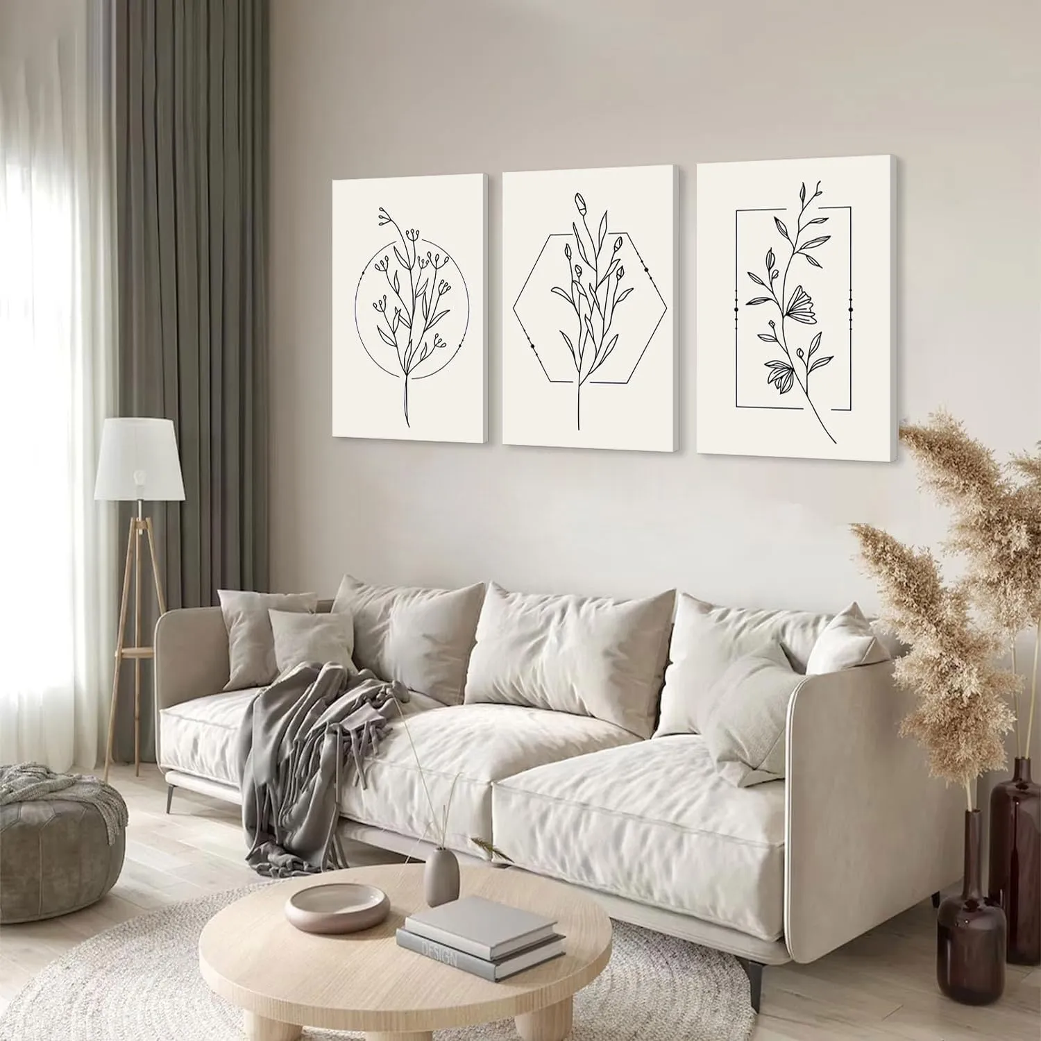 TBKHUDBI Neutral Botanical Canvas Wall Art Minimalist Beige Flower Poster Prints Set of 3 Boho Plant Painting Pictures Decor Abstract Line Leaf Artwork for Bathroom Bedroom Living Room 12"x16" Framed